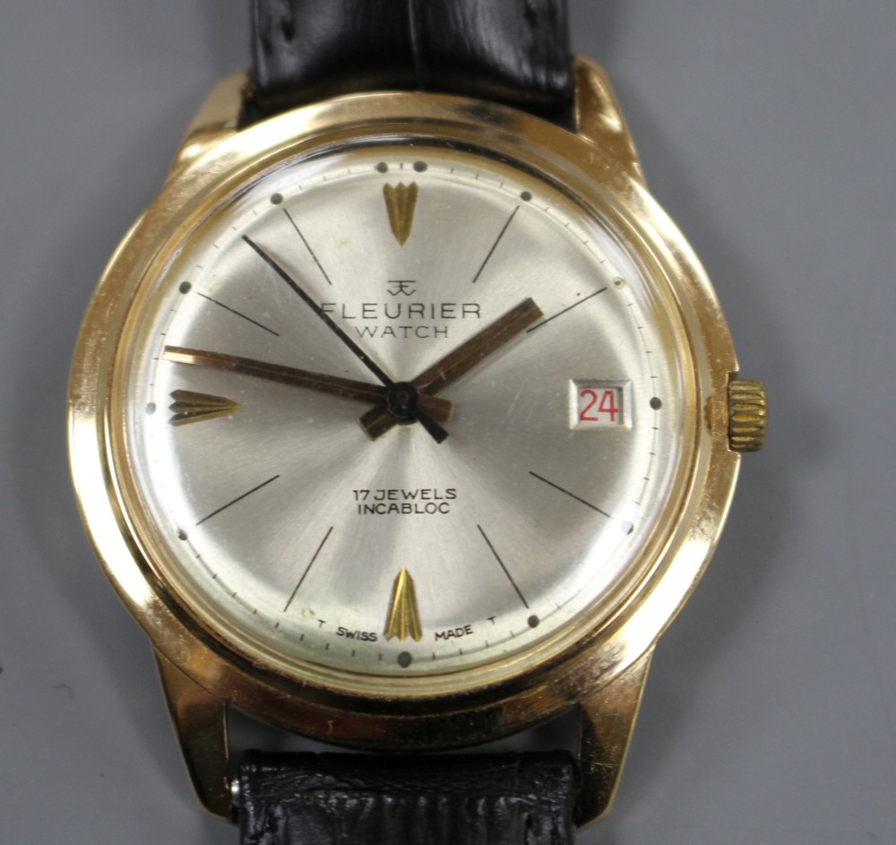 A gentlemans Swiss 18k yellow metal Fleurier automatic wrist watch, with later associated leather strap.